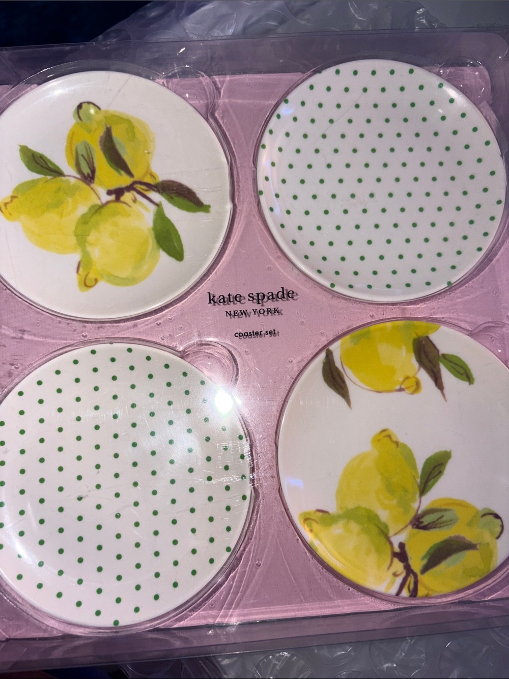 Kate Spade Yellow Lemon & Green Polka Dot Ceramic Coaster Set of 4 NIB - Picture 5 of 5